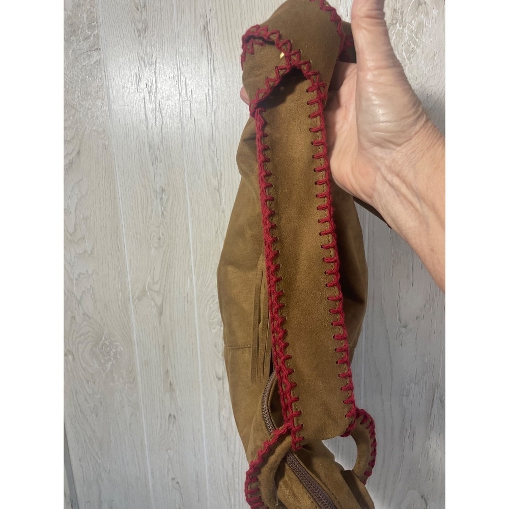 Nine West Large Brown Faux Suede Hobo Bag with Red Contrast Stitching